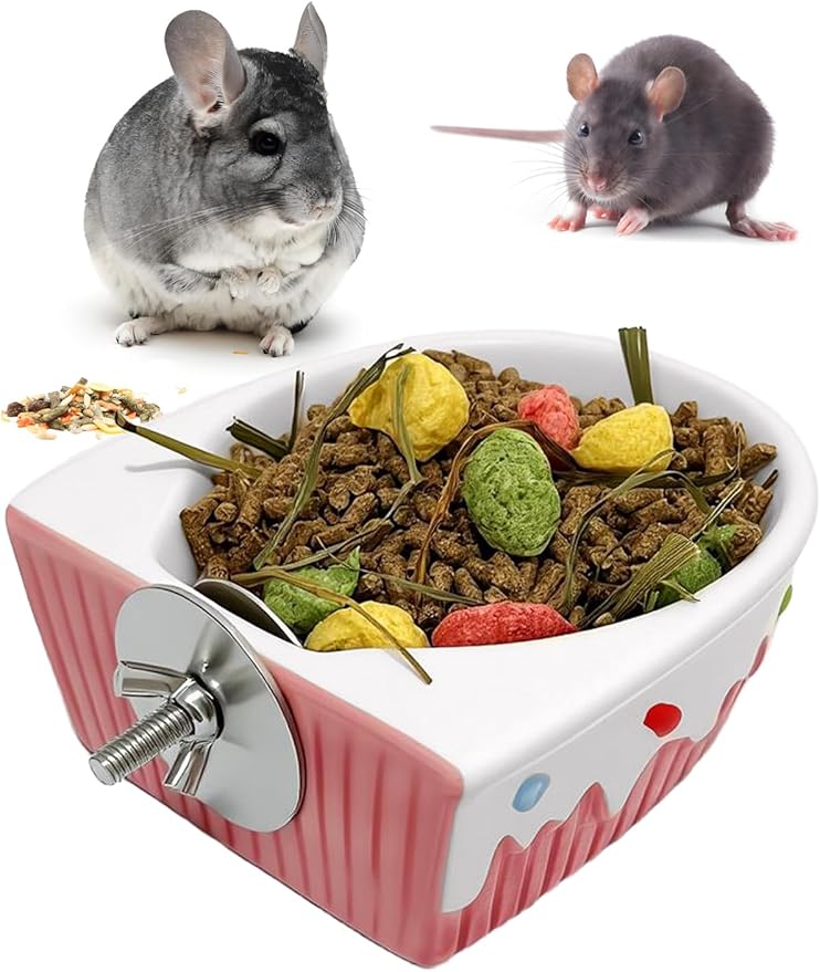 Chinchilla Food Bowl Ceramic Guinea Pig Cage Feeder Hanging Bunny Food Dish Small Animal Feeding Bowls for Syrian Hamster Ferret Gerbils (Pink)