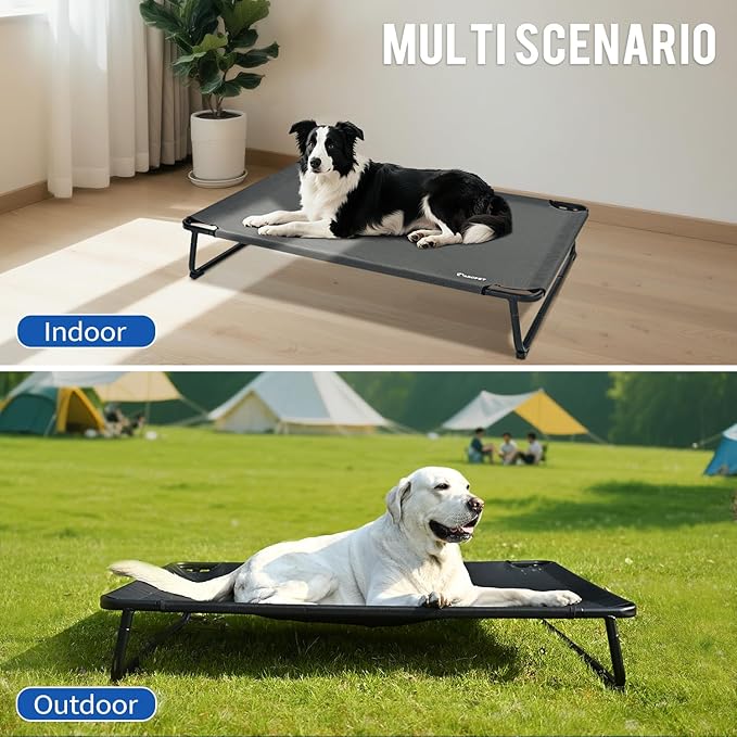 Cooling Elevated Dog Bed, Raised Outdoor Dog Bed Waterproof Pet Beds Cots Stable and Easy Assembly, Teslin Fabric with 1.2mm Thick Iron Frame, Breathable, Ultra-Sturdy，Black,32 * 25.2 * 7.1