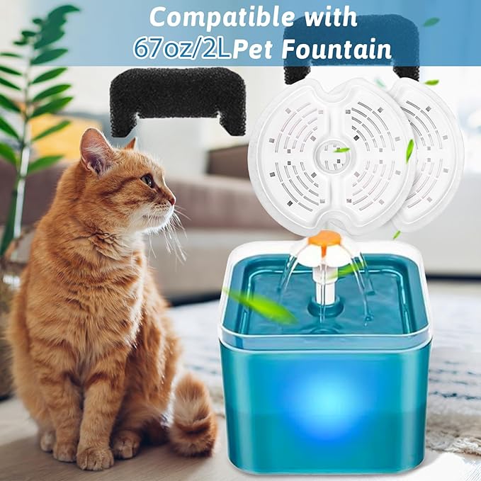 Cat Water Fountain Filters for 84oz/2.5L Stainless Steel Pet Fountain and 67oz/2.0L Plastic Cat Drinking Fountain, 4 Pack Pet Replacement Filters with 4 Pre-Filter Sponges