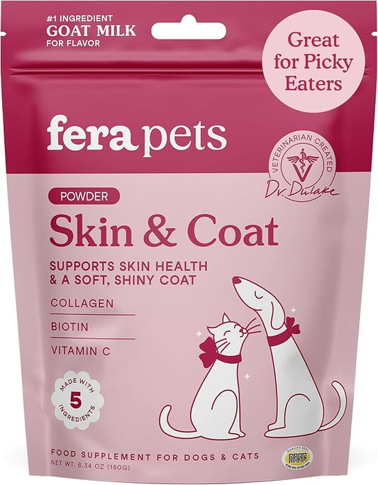 Fera Pets Goat Milk Topper - Cat & Dog Skin and Coat Supplement with Collagen, Biotin & Vitamin C - Helps Maintain Normal Skin Moisture - Promotes a Shiny Coat - for Picky Eaters - 60 TSP