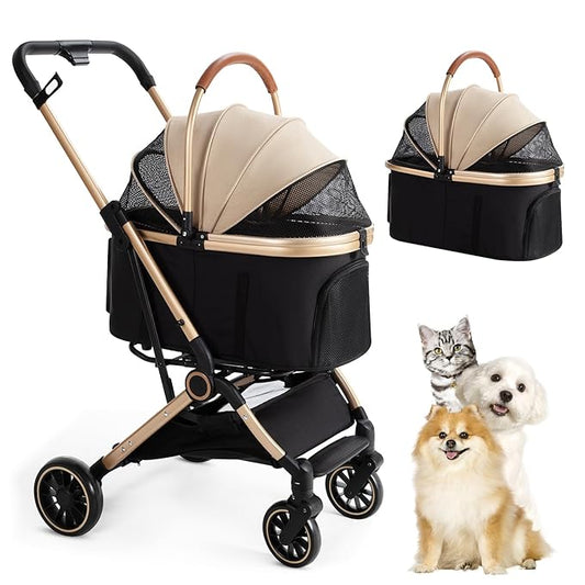3 in 1 Pet Stroller with 4 Wheels, Foldable Pet Travel Carrier for Small/Medium Dogs Cats up to 50lbs, Detachble Portable Pet Bag, Storage Basket
