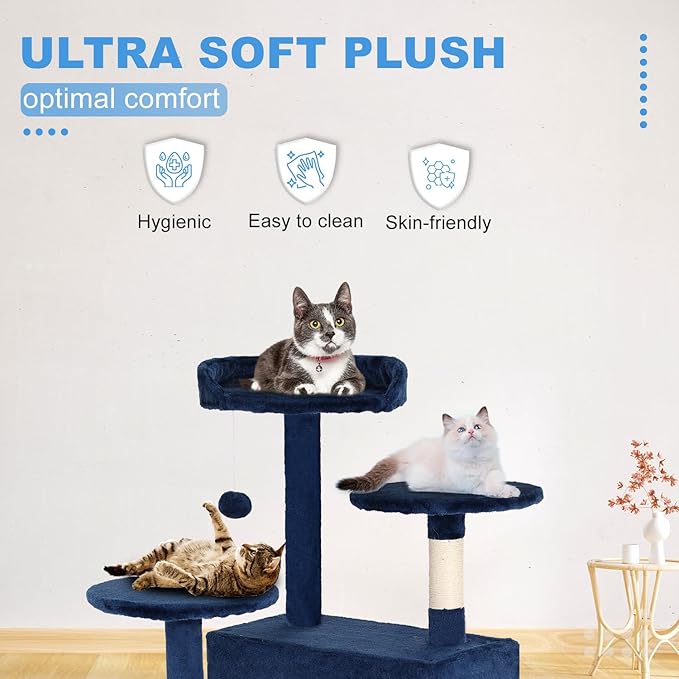 FDW Cat Tree 54in Cat Tower Multi-Level Durable Cat Scratching Post & Cozy Fun Cat Jumping Platform Space Saving Cat Condo Pet Play House for Indoor Cats,Navy Blue