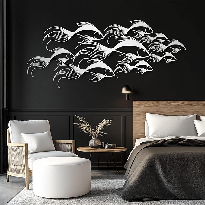 School of Fish Metal Wall Art, Metal Fish Wall Decor, Sea Life Wall Art, Large Nautical Wall Hanging, Modern Beach House Wall Decor, Ocean Themed Artwork for Bathroom (Silver, 35"x15" | 90x38cm)