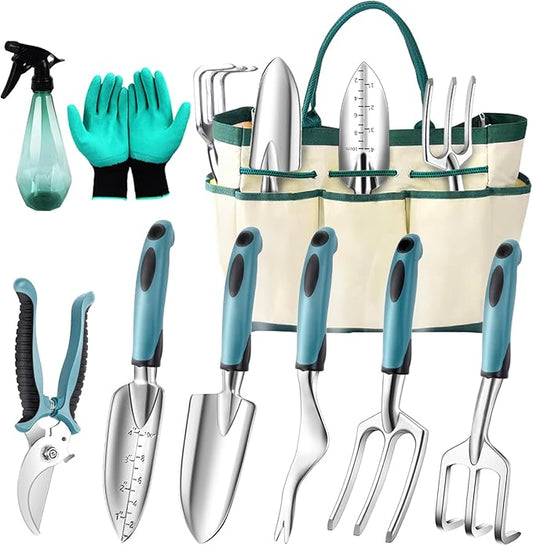 Garden Tool Set 9 PCS, Heavy Duty Gardening Hand Tools for Women, Durability Garden Tool Bag, Rust-Proof Aluminum Gardening Supplies, Ideal Gifts for Women and Men