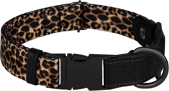 AirTag Dog Collar for Small Medium Large Breed - Adjustable Cute Pattern Dog Collar with Airtag Holder - Soft Leather Tracker GPS Apple Air Tag Pet Collars (X-Small, 9"-12" Neck Fit, Leopard)