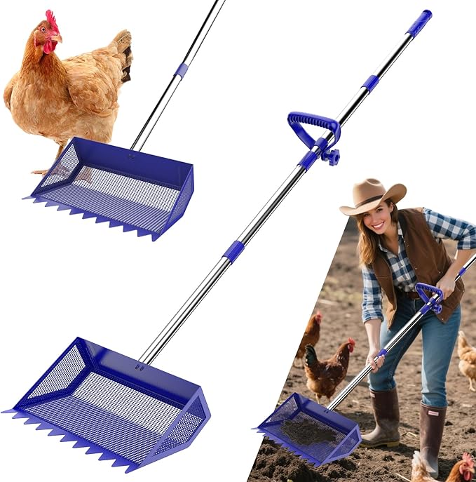 Chicken Poop Scooper & Rake 2-in-1, 304 Stainless Steel Shovel Head, Chicken Litter Scoop with Handle for Chicken Coop & Pet Waste Cleaning, Litter Sifting Shovel (35 to 65") US Patent Pending