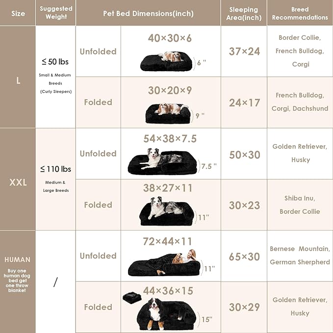EHEYCIGA Foldable Human Dog Bed, Orthopedic Memory Foam Human Sized Dog Bed, Waterproof Pet Bed for People, Faux Fur Pet Couch for Adult, Black, 72"x44"x11"
