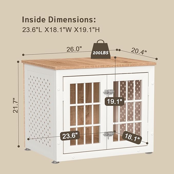 26" Heavy Duty Dog Crate Furniture for Small Dogs, Metal Kennel for High Anxiety Dogs, Chew Proof Pet Cage Indoor, Decorative Dog Kennel End Table,White