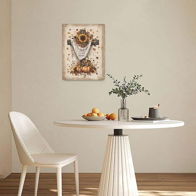 Christian Fall Wall Art Autumn Rustic Cross Sunflower Pumpkin Wall Decor Fall for Jesus He Never Leaves Pictures Painting Print Framed Artwork Decorations Gifts for Living Room Bedroom Prayer Room Office 12"x16"