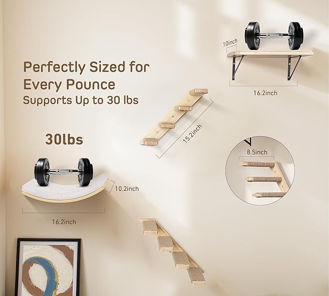 Cat Wall Shelves with Cats Window Perch – 4-Piece Wooden Cat Climbing Furniture Set with Soft Foam Curved Bed, Flat Shelf & 2 Wall 4-Steps Ladders