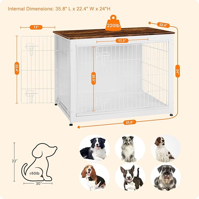 DWANTON Dog Crate Furniture with Cushion, Wooden Kennel Table with Double Doors, Indoor Dog House, Large Size, 38.5" L, White+Rustic Brown