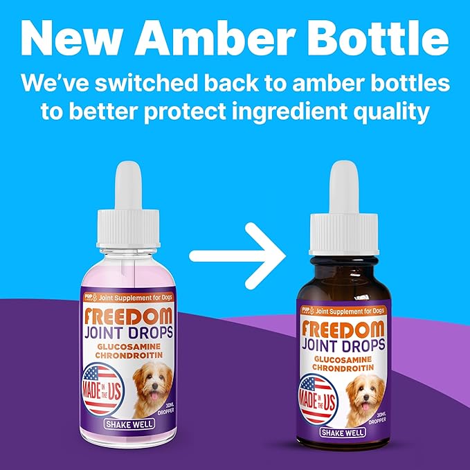 Freedom Joint Drops for Dogs with Hyaluronic Acid, MSM, Glucosamine, & Chondroitin, All Natural Liquid Joint Supplement for Dogs for Pain Relief, Mobility and Hip Support, 30 ml Dropper