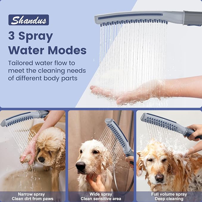 Dog Shower Attachment, Dog Shower With Metal Diverter, Pet Shower Attachment for Fast and Easy Dog Bathing, 3 Spray Modes One-Button Switch 8-Foot Hose For Indoor and Outdoor