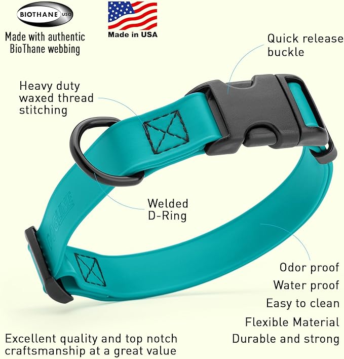 Dogline Biothane Waterproof Dog Collar with Quick Release Buckle Strong Coated Nylon Webbing with Odor- Proof for Easy Care Easy to Clean Fits Small Medium Large Dogs, Teal 5/8" W 9-14" L