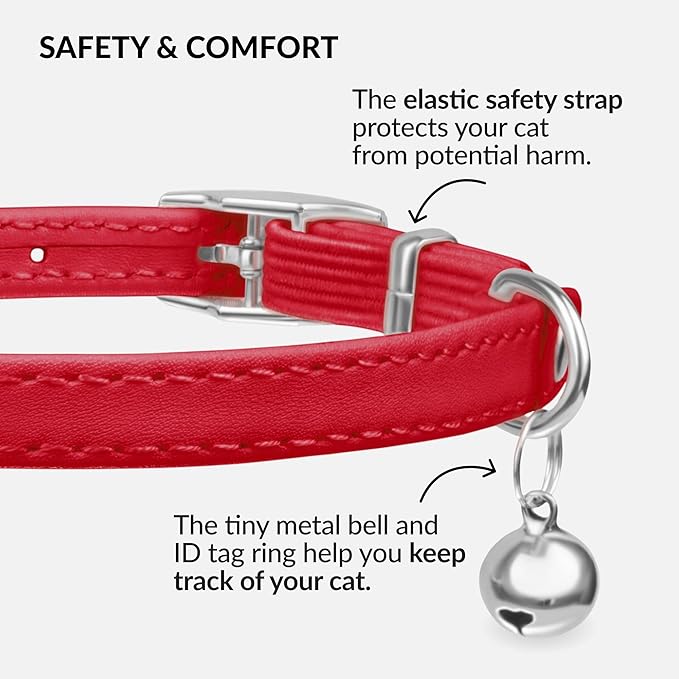 CollarDirect Leather Cat Collar with Bell - Kitten Collar, Small and Big Cat Strap for Boy Cats, Girl Cats with Safety Elastic Strap (Neck Fit 6"-7", Red)