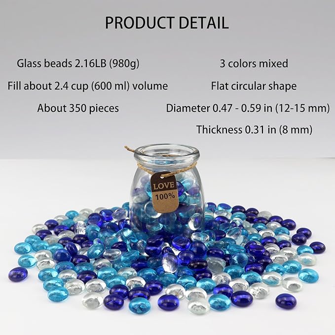 2.16LB Mix Colors Glass Beads Vase Filler Aquarium Gravel Decor Flat Glass Marbles Gems Pebbles Fish Tank Rocks Home Decorative Art Craft - 3 Colors Mixed