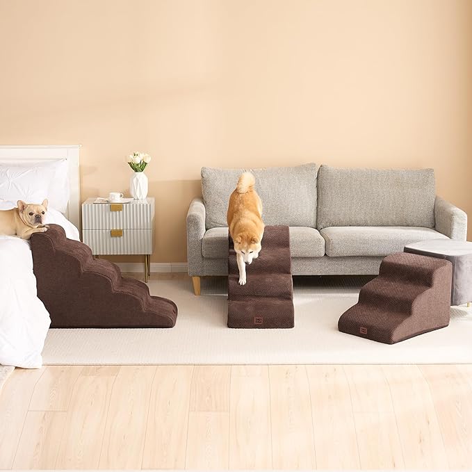 EHEYCIGA Curved Dog Stairs Ramp for High Beds 19.7" H, 4-Step Dog Steps for Small Dogs and Cats, Pet Stairs for High Bed Climbing, Non-Slip Balanced Pet Step Indoor, Brown