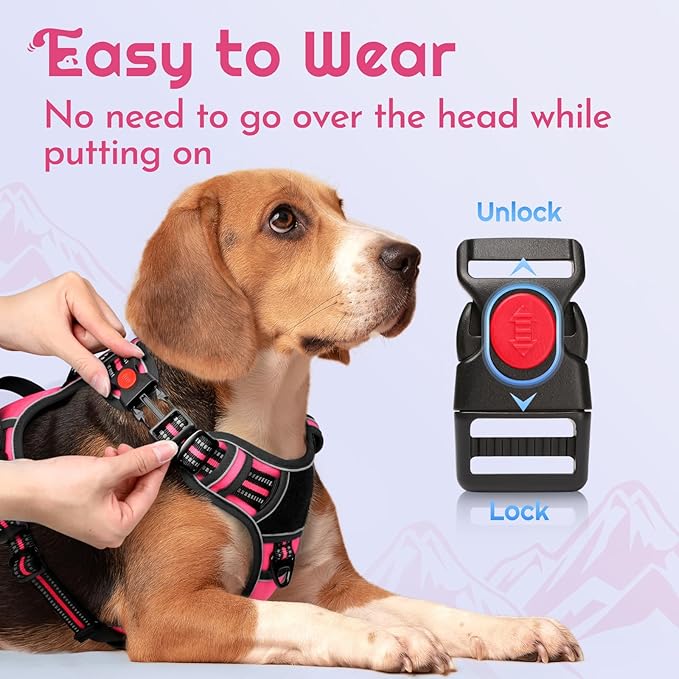 Eagloo Dog Harness Medium Sized, Easy Wearing with 3 Buckles, Adjustable No Pull Pet Harness with 2 Rings for Walking, No Chock Reflective Soft Padded Vest with Control Handle, Pink & Black, M