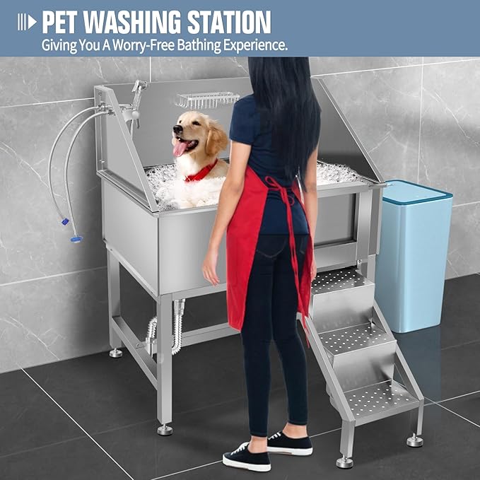 38" Pet Dog Bathing Station W/Ramp, Professional Stainless Steel Dog Grooming Tub W/Floor Grate, Faucet, Dog Bathtub for Large,Medium, Small Pets, Washing Sink for Home,R-RAMP