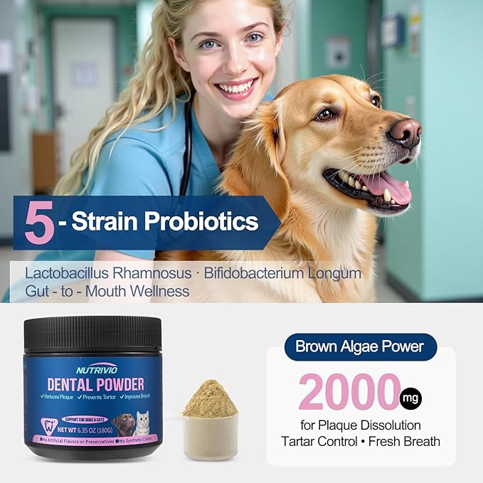 Dental Powder for Dogs & Cats - 5 Strains of Probiotics with 10B CFU, Natural Ingredients for Plaque & Tartar Control, Fresh Breath Oral Care,Safe for All Breeds & Ages Pets - 6.35oz(180g)