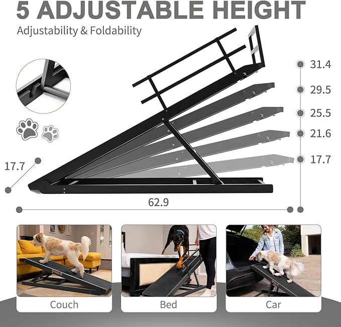 Aboron Antislip Folding Dog Ramp, Adjustable Pet Ramp for Bed/Couch/Car, Rubber Mat with High Traction, Great for Small & Large Old Dogs & Cats, Supports up to 200 lbs,63" Long