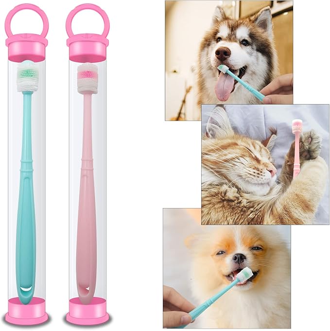 BLMHTWO 2 Pieces Cat Toothbrush, Dog Toothbrush 360-Degree Dog Toothbrushs Small with Independent Transparent Packaging Box and PP Handle Silicone Toothbrushs for Small Dogs (Green and Pink)