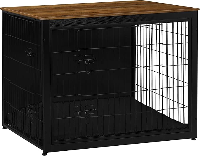 DWANTON Dog Crate Furniture with Cushion, Wooden Kennel Table with Double Doors, Indoor Dog House, Extra Large Size, 43.3" L, Black+Warm Brown