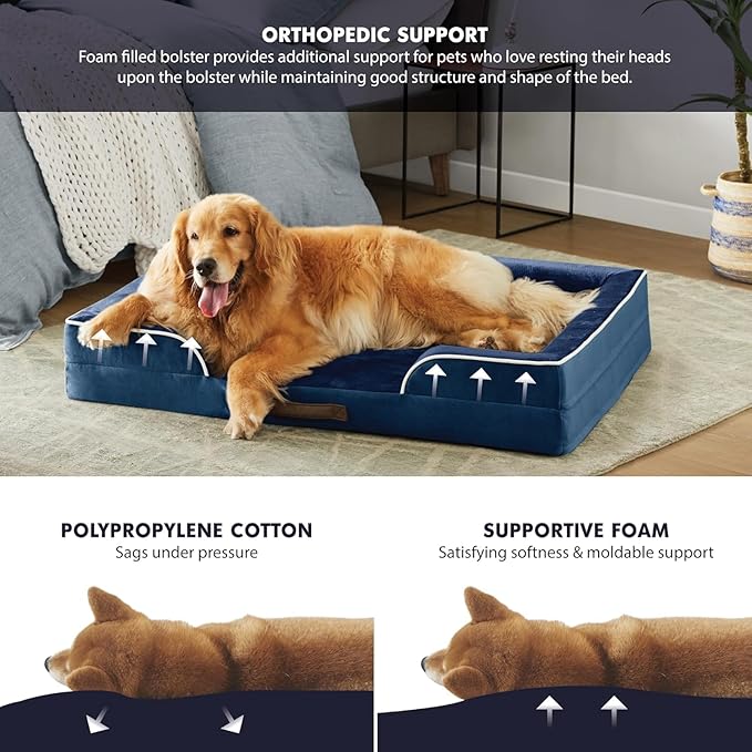 Friends Forever Orthopedic Dog Bed, Bolster Dog Bed with Memory Foam Pet Couch Sofa and Removable Washable Cover, Ally Navy, 42x32x7