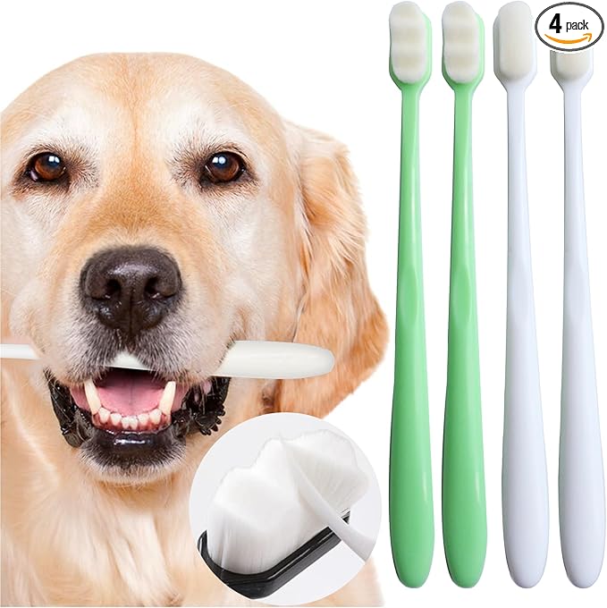 Dog Toothbrush Kit 4 Pack, 10,000 Ultra-Soft Bristles, Dog Tooth Brush for Medium to Large Dogs & Cats, Pet Tooth Brushing Kit for Easy Dental Cleaning, 2 Green Wave Head & 2 White Flat Head