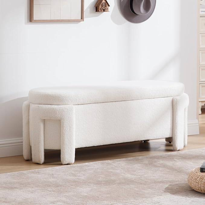 Modern Upholstered Storage Bench, Boucle Sherpa Fabric 50" Long Entryway Bench with Storage and Seating, Comfy Cute Ottoman Bench for Living Room/End of Bed/Hallway, White