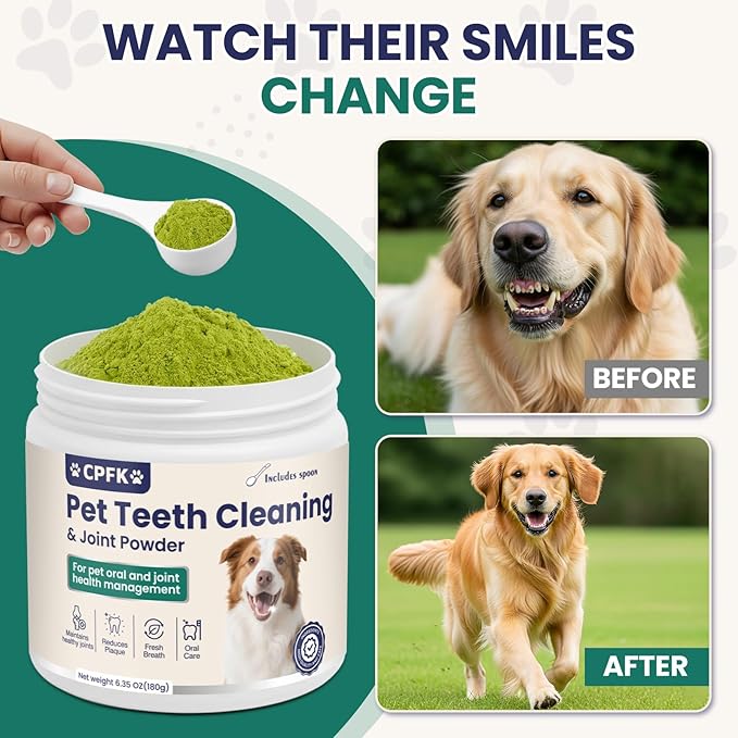 Dental Cleaning Joint Powder for Dogs - 6.35OZ Dog Dental Cleaning Powder with Probiotics to Lighten Bad Breath and Control Plaque Tartar Supports Dog Dental Care and Joint Health