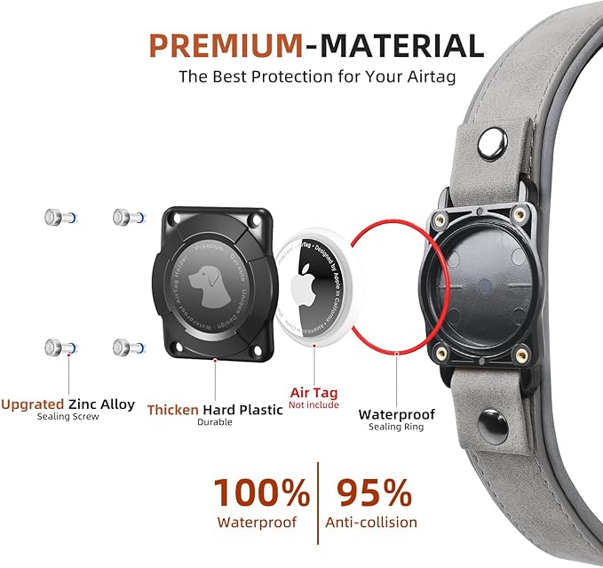 AirTag Dog Collar - Leather Dog Collar with Air Tag Holder | IPX8 Waterproof, Reflective, High - End, Adjustable Soft Padded | Dog GPS Tracker Collars Fit for Medium Large Dogs (Grey, XL)
