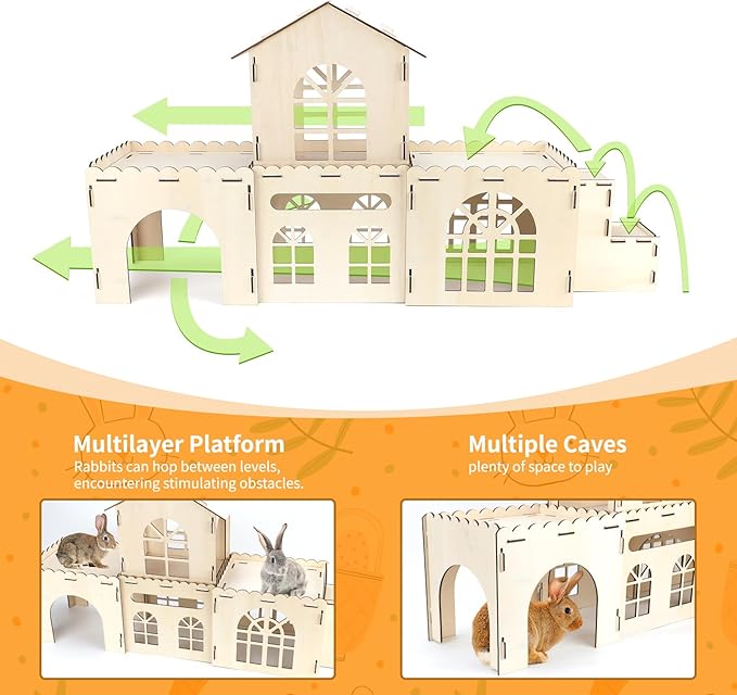 Extra Large Bunny Castle Hideout, Wooden Bunny House and Hideouts Detachable Rabbits Hideaway, Indoor Rabbit Castles Sturdy Small Animal Play Hideaway Hut for Rabbits, Guinea Pigs, Chinchillas