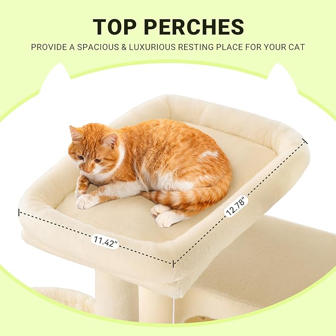 Allewie 64 Inches Cat Tree Tower/Multi-Level Activity Center for Indoor Big Felines/2 Plush Condos/2 Perchs/Basket/House/Sisal Scratching Posts/Hanging Cat Toys/Beige