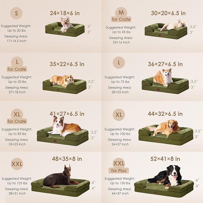 EHEYCIGA Orthopedic XL Dog Beds, Waterproof Memory Foam Dog Bed for Extra Large Dogs, Non-Slip Bottom and Egg-Crate Foam Big Pet Couch Bed with Washable Removable Cover, Olive Green