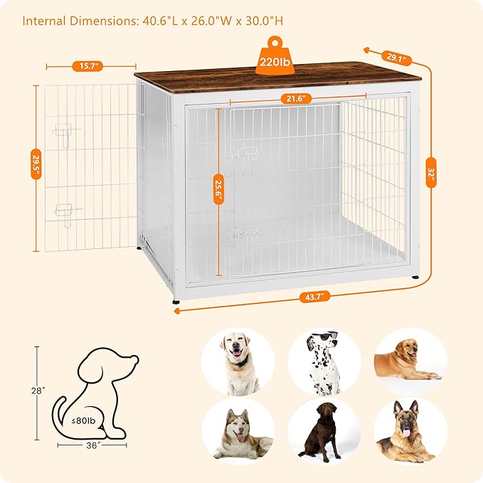 DWANTON Dog Crate Furniture with Cushion, Wooden Kennel Table with Double Doors, Indoor Dog House, Extra Large Size, 43.3" L, White+Rustic Brown