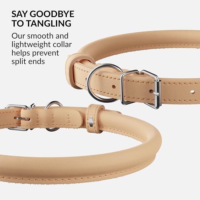 CollarDirect Rolled Leather Dog Collar, Soft Padded Round Puppy Collar, Handmade Genuine Leather Collar Dog Small Large Cat Collars 13 Colors (6 Inch, Beige Smooth)