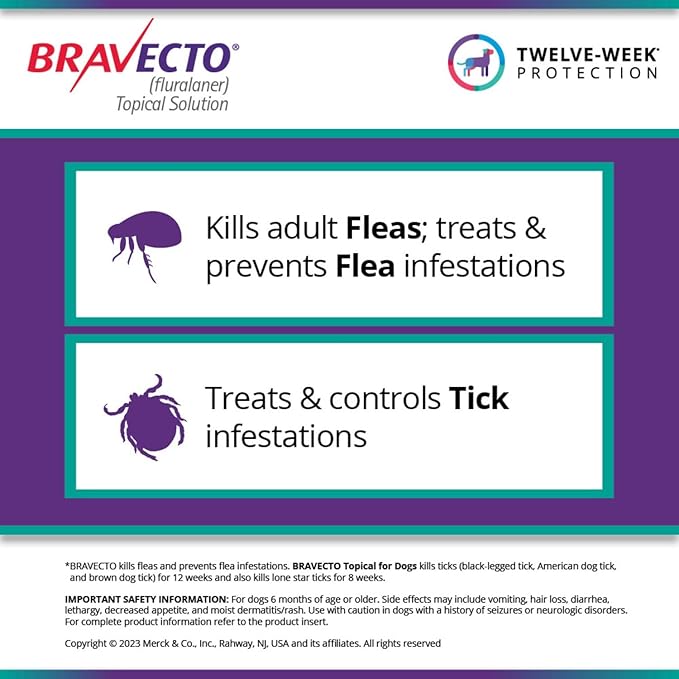 BRAVECTO Topical Solution for Dogs, Flea & Tick, 12 Week Supply, >44-88 lbs., Blue Box