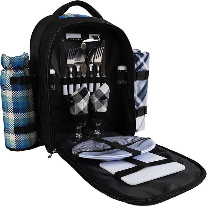 apollo walker Picnic Backpack Bag for 2 Person with Cooler Compartment, Detachable Bottle/Wine Holder, Fleece Blanket, Plates and Cutlery Set
