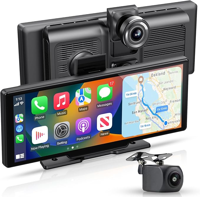 Apple carplay & Android Auto,Wireless Double din 10.26 inch Dash Cam with Front Camera and Backup Camera.GPS Navigation,Mirror Link/Voice Control/Bluetooth for Car RV Pickup Bus Trailer.etc