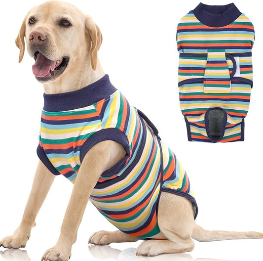 FUAMEY Recovery Suit for Dogs After Surgery,Soft Breathable Dog Bodysuit E-Collar & Cone Alternative Surgical Suit,Male Female Dog Neuter Spay Suits Anti Licking Wounds Onesie Dark Blue Stripes XXL