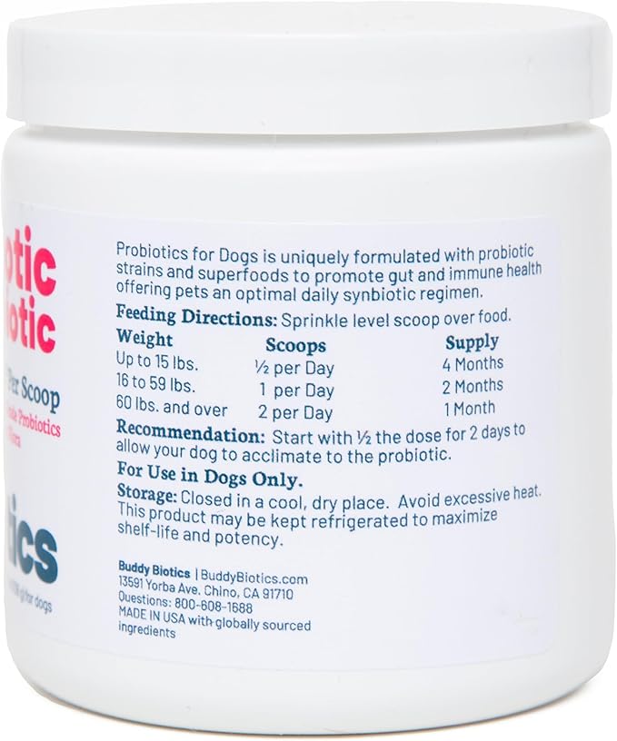 Buddy Biotics Probiotic + Prebiotic for Dogs- Gut Flora Health, Digestive and Immune Health, Diarrhea and Bowel Support – 5 Billion CFU per Scoop