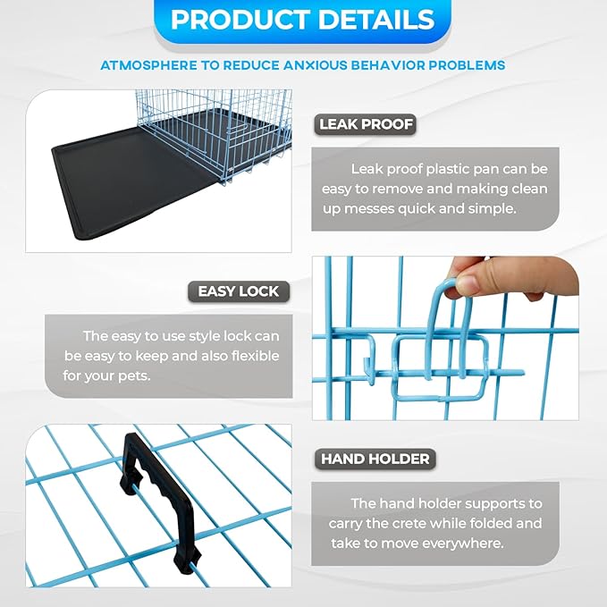 FDW Dog Crate for Small Dogs 24 Inch Folding Metal WirePet Cage Double Door W/Divider Panel Indoor Outdoor Kennel Leak-Proof Plastic Tray,Blue