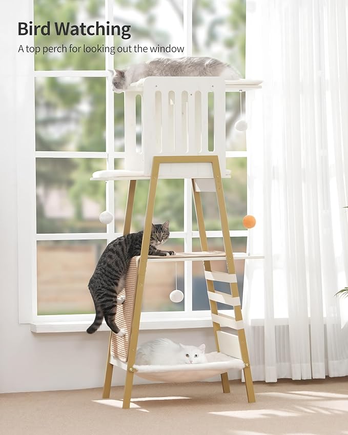 FourFurPets Modern Cat Tree, 58-Inch Cat Tower for Large Cats, Maine Coon Cat Tree with Scratching Board, Large Perch, Hammock and Removable Pads, White