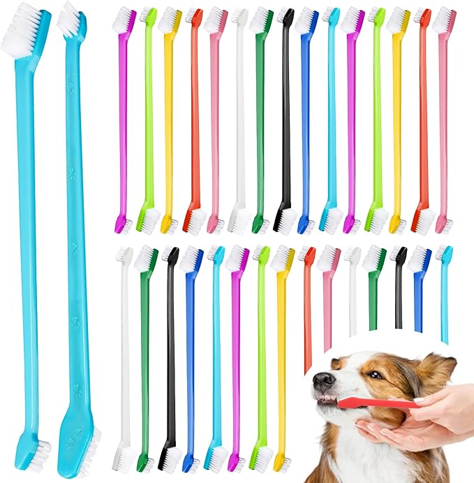 30 Pcs Pet Toothbrush Kit - Dual-Headed Toothbrush for Dogs & Cats - 10 Colors