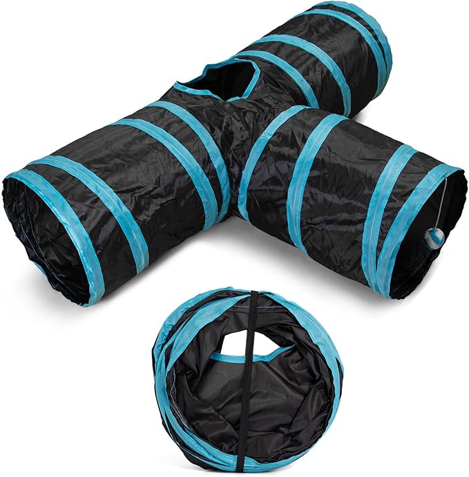 Cat Tunnel, 3 Way Cat Tunnels for Indoor Cats, Foldable Cat Tubes and Tunnels for Cats Kittens, Kitty Bored Peek Hole Toy Ball Cat, Puppy, Kitty, Kitten, Rabbit, Guinea Pigs (Blue & Black)