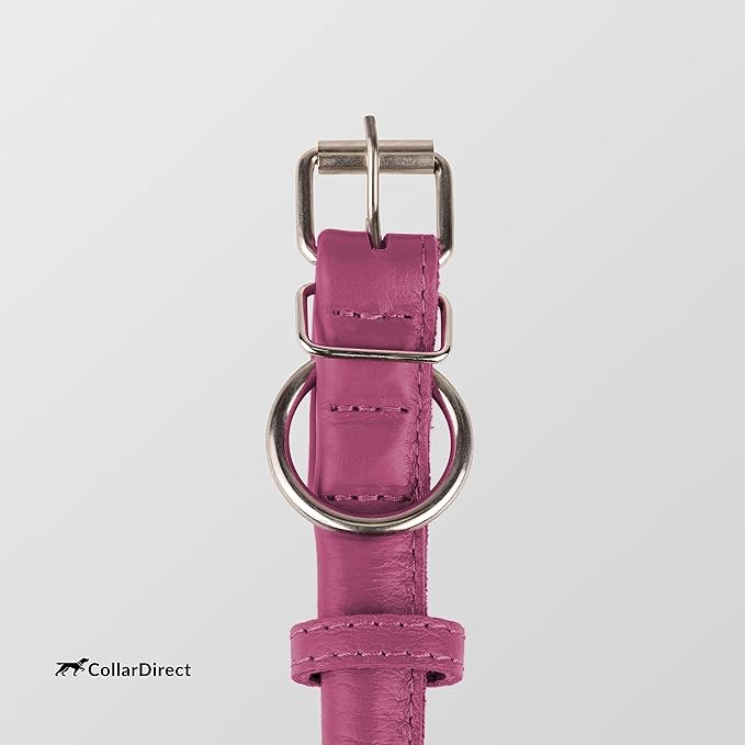 CollarDirect Rolled Leather Dog Collar, Soft Padded Round Puppy Collar, Handmade Genuine Leather Collar Dog Small Large Cat Collars 13 Colors (13-16 Inch, Pink Textured)