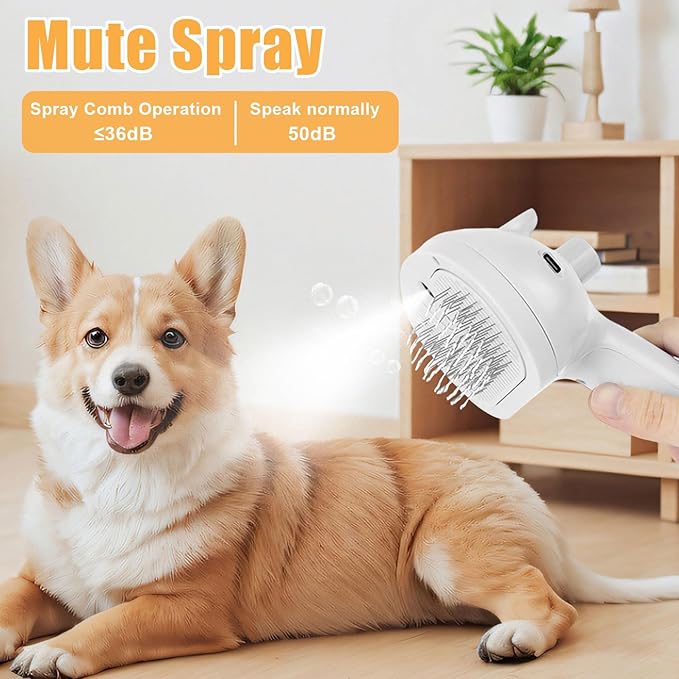 Cat Steam Brush for Shedding, Pet Steam Brush for Dog with Release Button,Anti-Static Pet Spray Hair Removal Comb,Cat Spray Comb for Long & Short Haired Pets,White