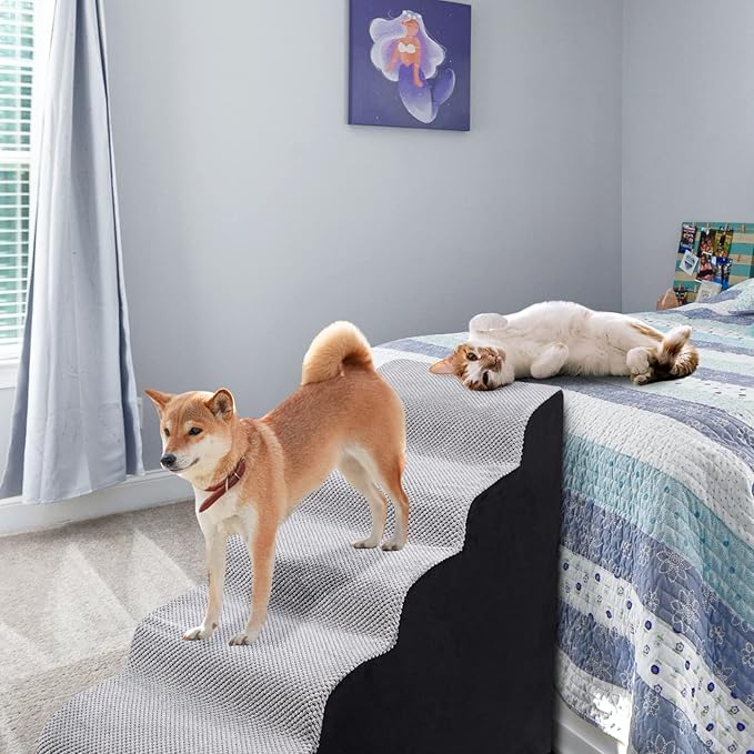 Dog Stairs&Steps for High Beds Up to 28'', 5-Step Dog Ramp for Small Medium Dogs with Washable Cover, Pet Steps for Cats to Get on Couch and Sofa, Durable Foam Ladders, 24.4" Tall, Grey