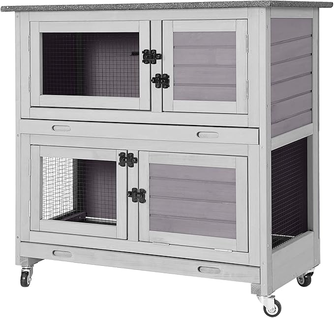 GUTINNEEN Rabbit Hutch Indoor with Chew-Proof Design, Wooden Bunny Cage Outdoor Guinea Pig Cages with Wheels, Leak-Proof Trays for Rabbits, Guinea Pigs, Small Animals